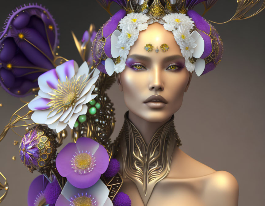 3D-rendered portrait of a woman with stylized makeup and elaborate headdress