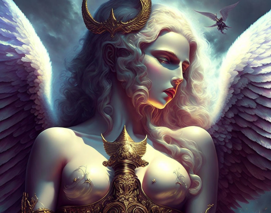 Fantasy illustration of winged female figure with horned crown, ornate armor, and dragon-like