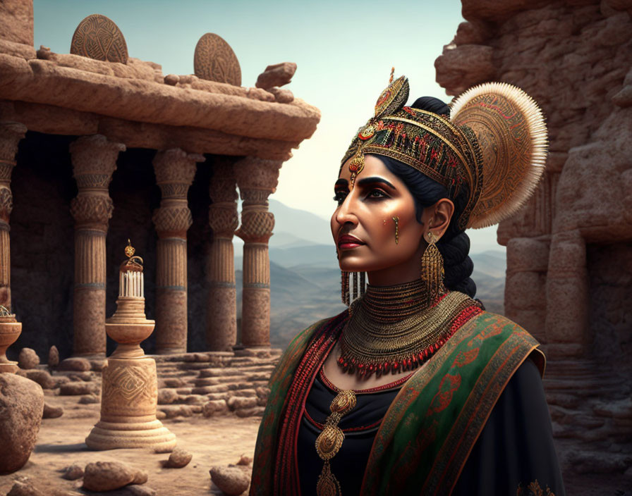 Regal Indian woman in traditional attire with jewelry against ancient ruins at dusk