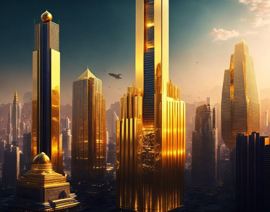 Golden skyscrapers and flying vehicles in futuristic cityscape at sunrise