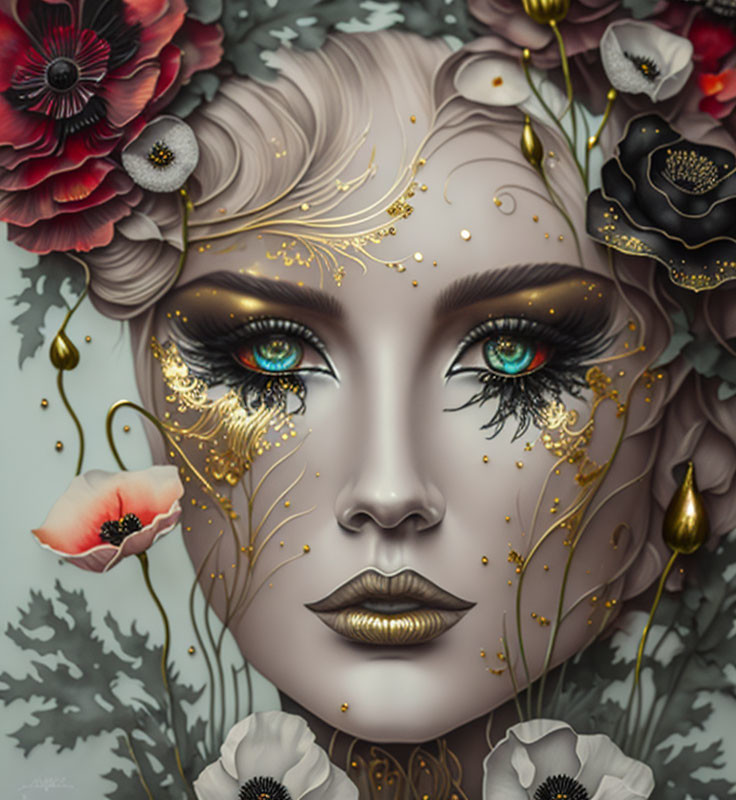 Detailed Woman Illustration with Floral and Golden Adornments