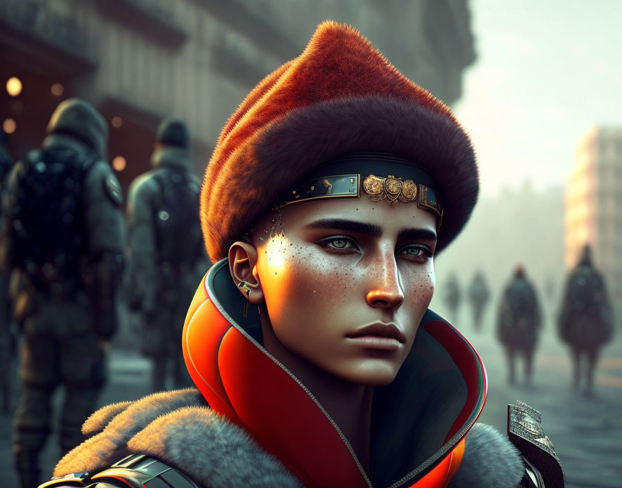 Digital artwork featuring person in red fur hat, ornate headband, orange collar, and silhou