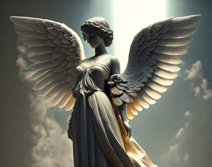 Classical Angel Statue with Spread Wings on Moody Sky Background