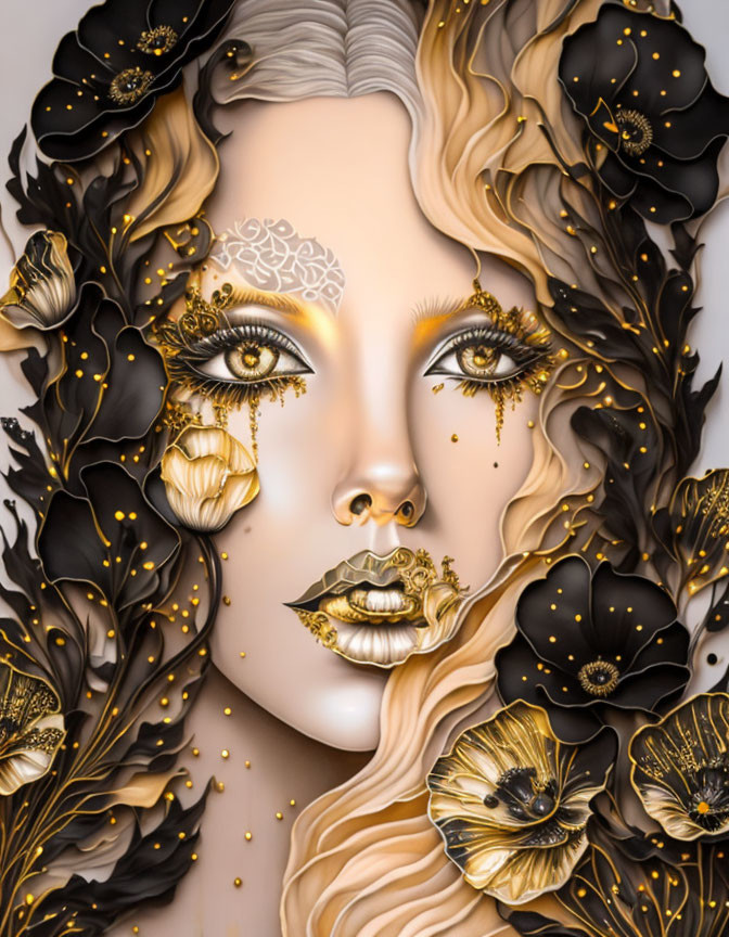 Detailed artistic illustration of woman's face with golden accents and black flowers