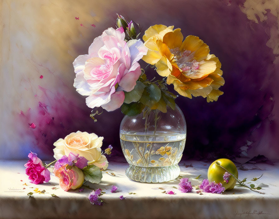 Still Life Painting: Glass Vase, Blooming Roses, Isolated Rose, Green Fruit, Purple