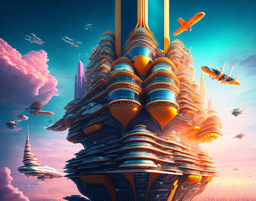 Ornate tower in futuristic cityscape with flying vehicles at dawn