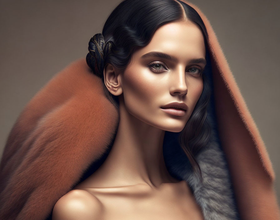 Woman with sleek hair and strong brows in luxurious brown and grey fur wrap