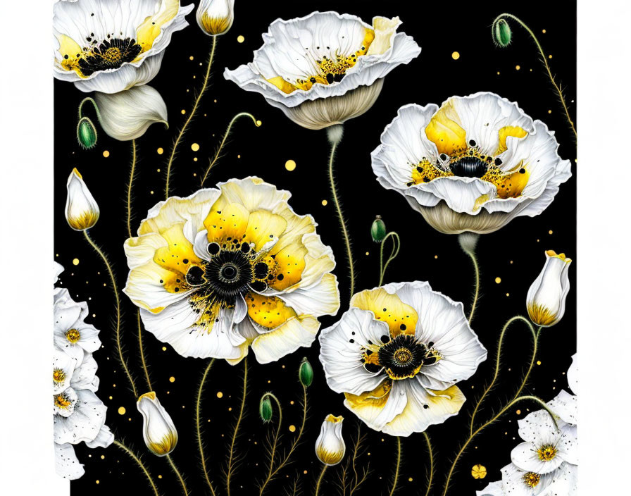 Detailed White and Yellow Poppy Flowers on Black Background