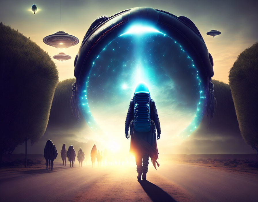 Group of People Walking Towards Glowing Portal with Spaceships and Symmetrical Trees