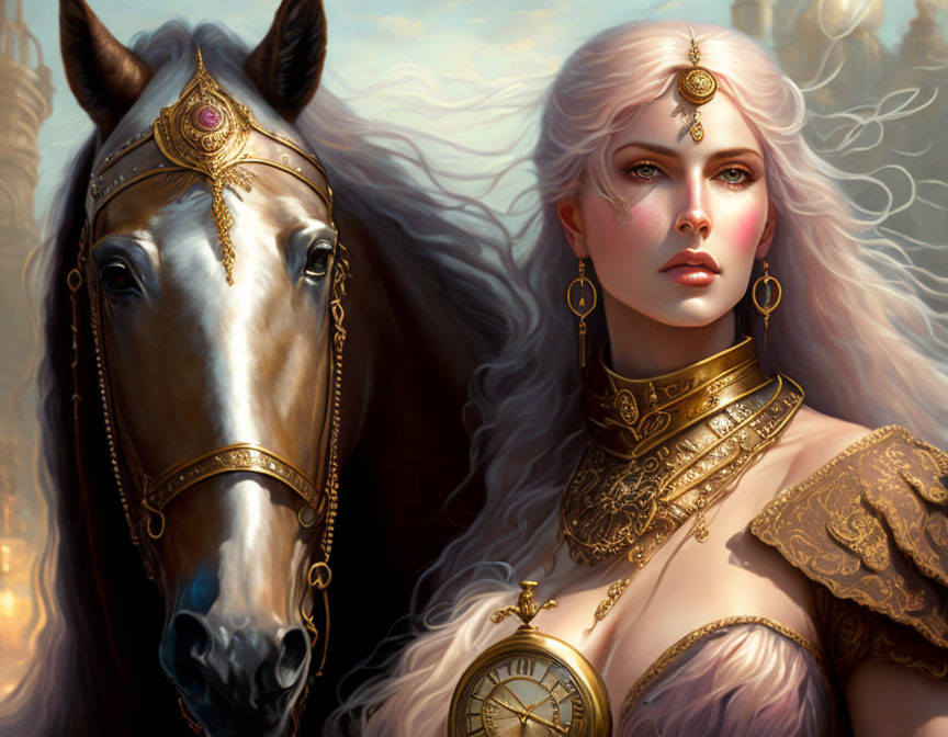 White-haired woman and horse with ornate bridle in fantasy/historical theme