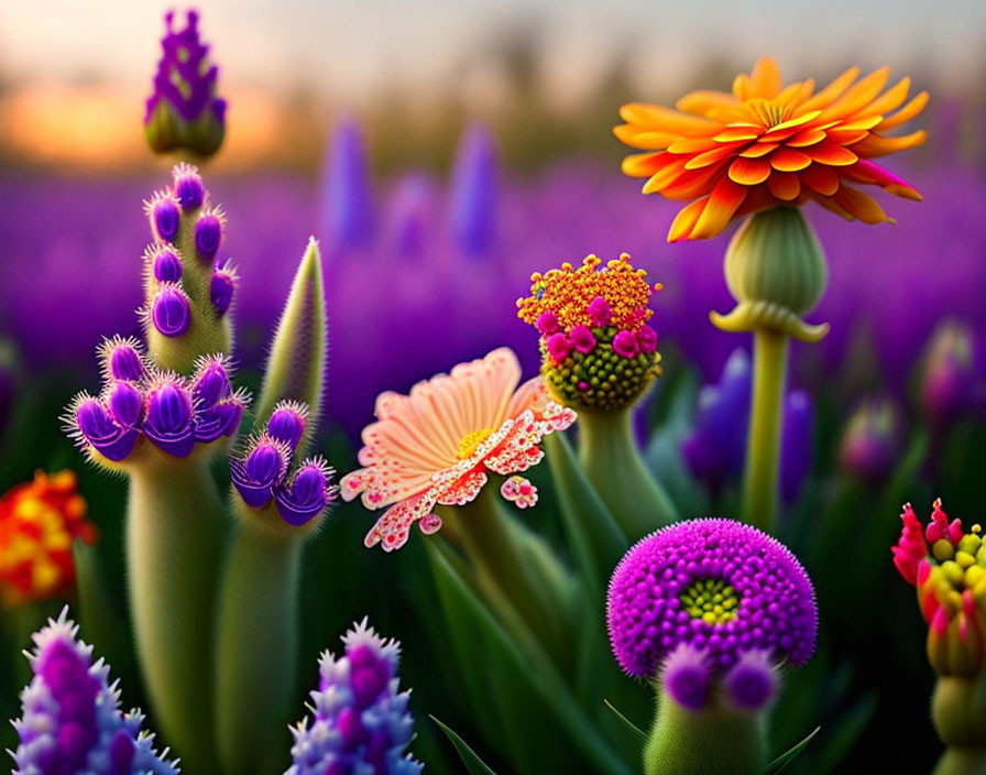 Colorful Close-Up Flowers with Detailed Intricate Patterns in Warm Sunset Ambiance