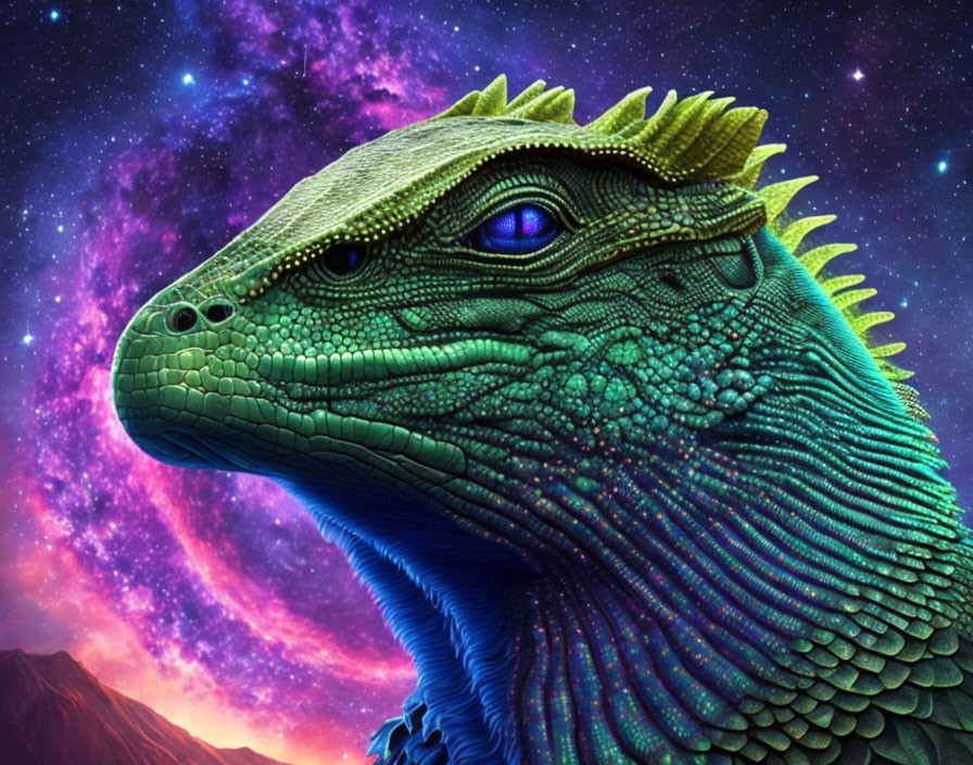 Majestic reptilian creature with intricate scales and blue eyes on cosmic backdrop