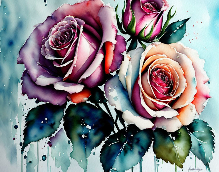 Colorful watercolor painting of roses in purple and pink hues on a soft blue backdrop