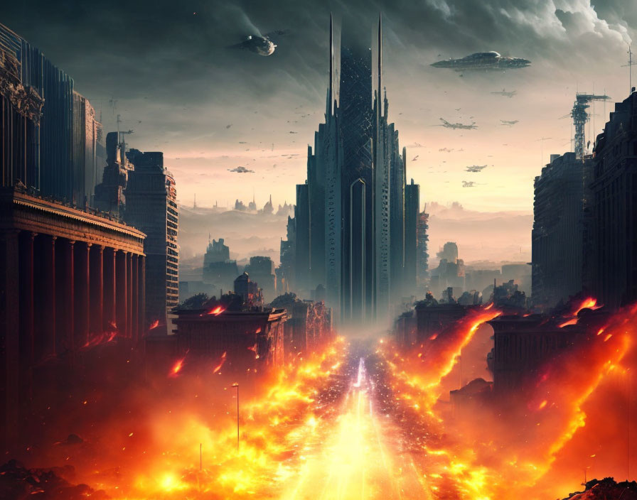 Dystopian cityscape with ominous buildings, stormy sky, hovering spacecraft, and fiery explosion