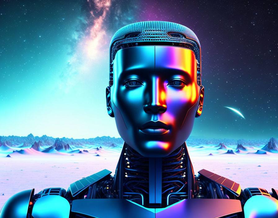 Detailed Metallic Face of Futuristic Humanoid Robot on Vibrant Alien Landscape