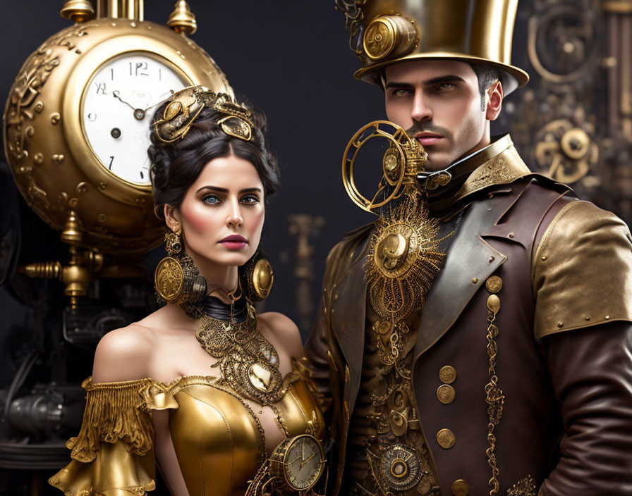 Man and woman in steampunk attire with brass gear accents posing in front of vintage clock.