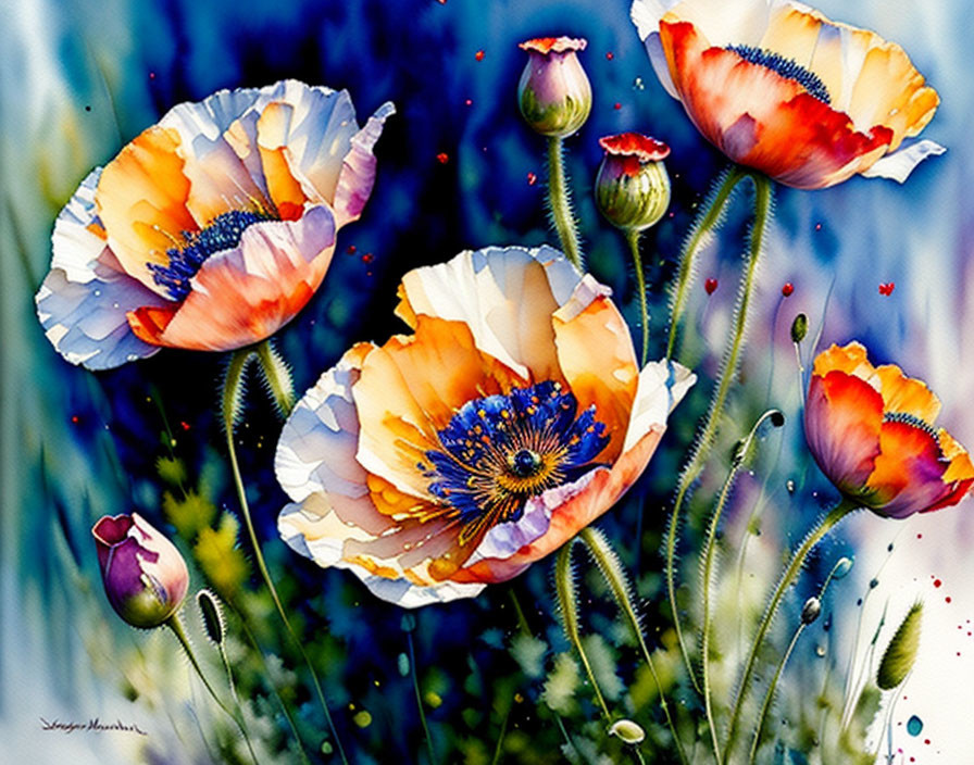 Colorful watercolor painting of vibrant poppies on blue background