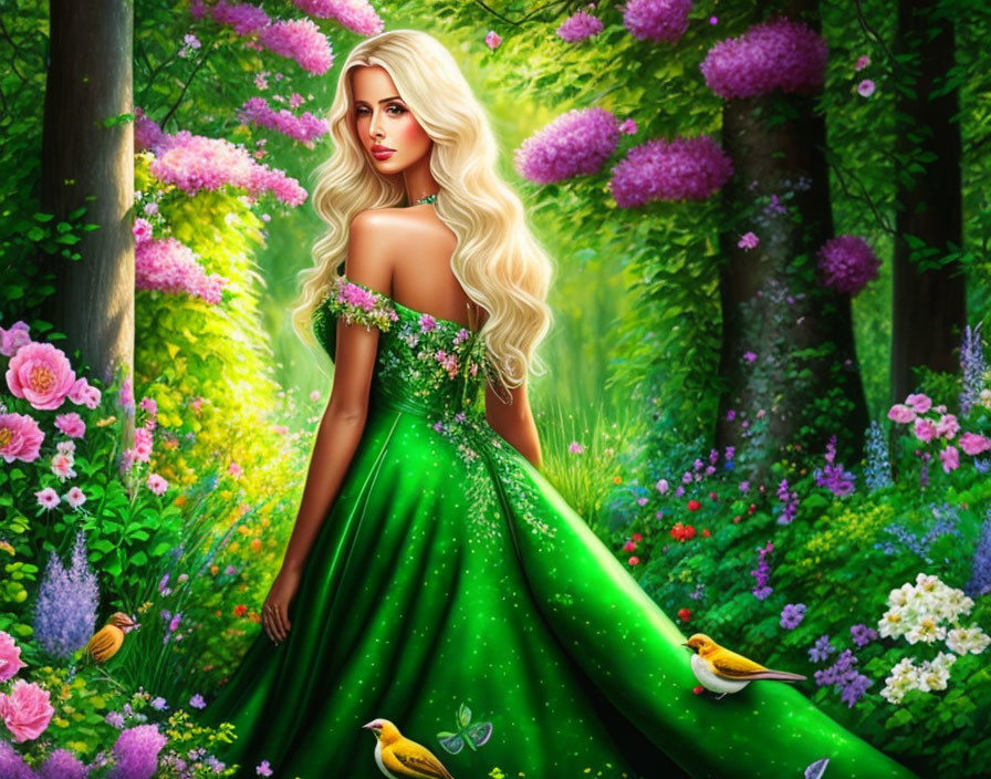 Blonde woman in green dress surrounded by nature and birds