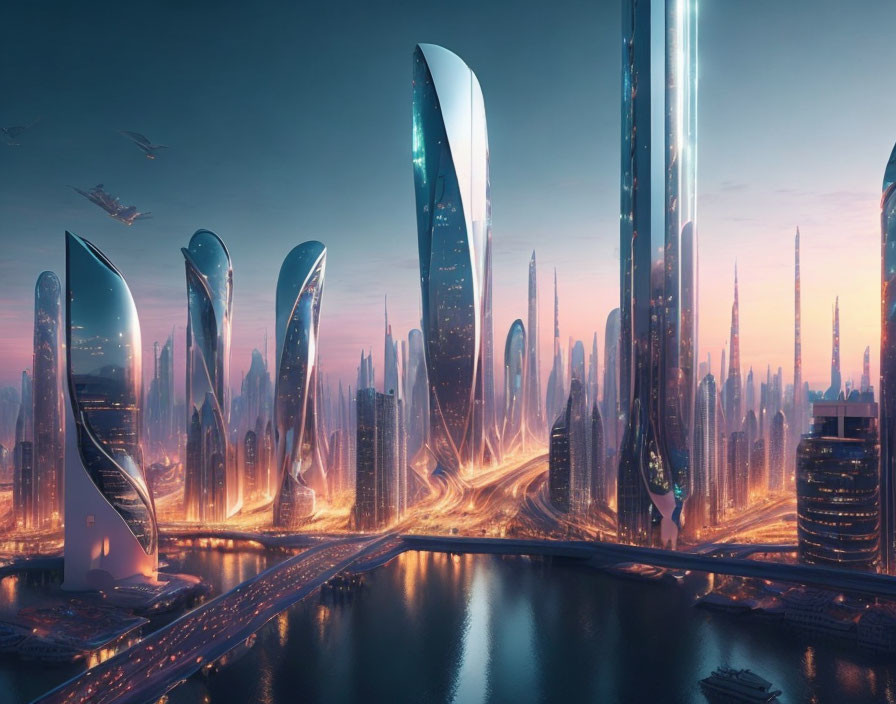 Futuristic cityscape with towering skyscrapers and flying vehicles at dusk