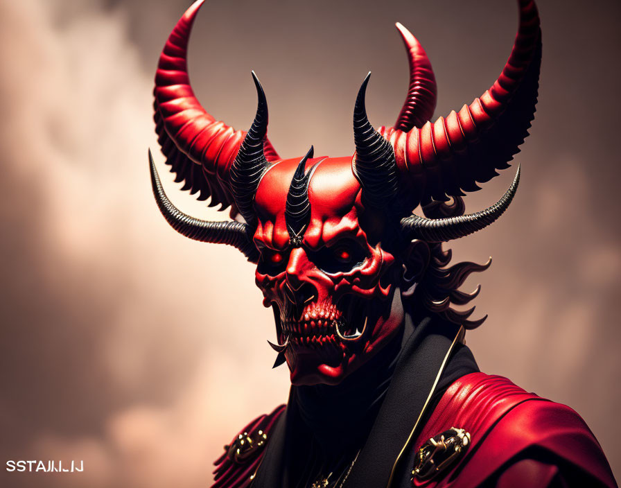 Detailed Red and Black Demonic Mask with Glowing Eyes and Horns