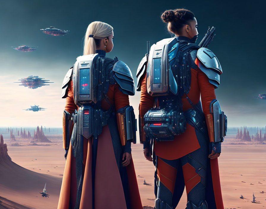 Futuristic armor-clad duo in desert with flying ships.