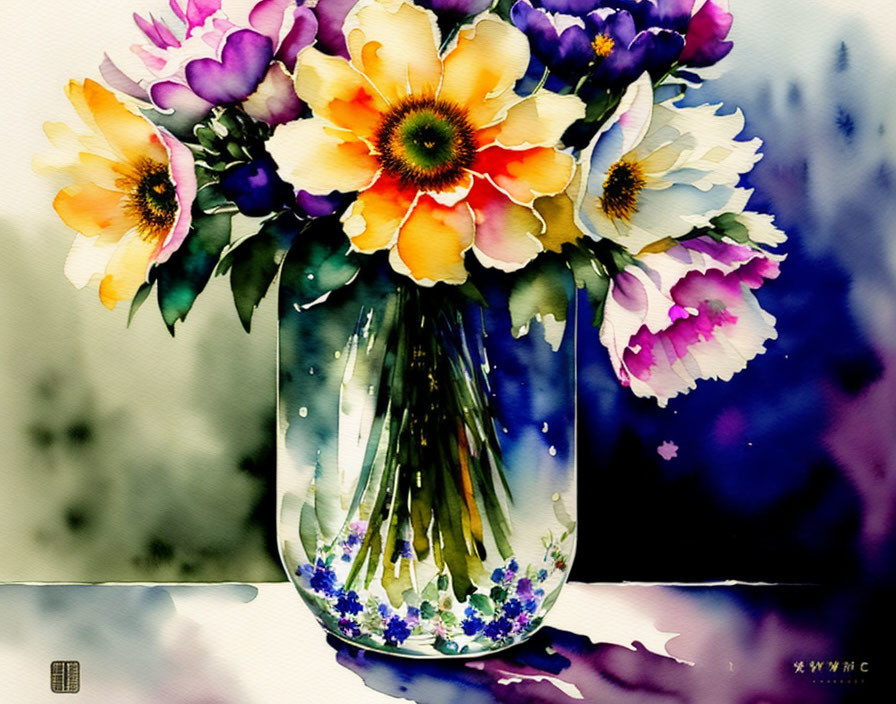 Colorful Flower Bouquet Watercolor Painting in Glass Vase