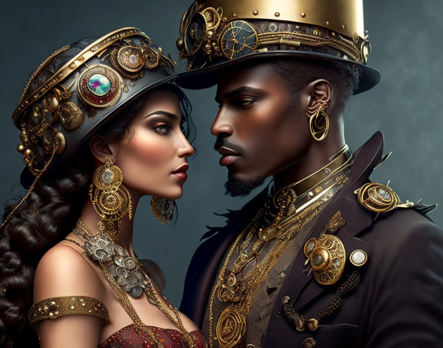 Elaborate Steampunk Attire with Adorned Hats and Accessories