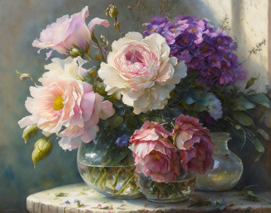 Detailed still life painting of glass vase with pink roses and purple flowers.