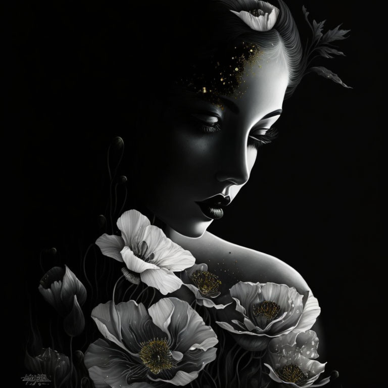 Monochromatic portrait of a woman with gold accents and floral elements