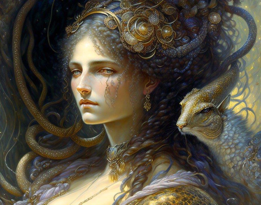 Fantasy portrait: Woman with ornate jewelry, tears, mystical serpent