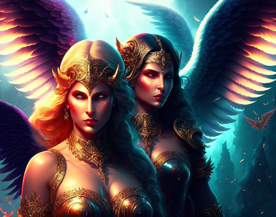 Fantasy female characters in golden armor with white wings on blue background