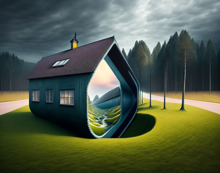 Surreal house with zipper opening, glowing light in dusk-lit meadow