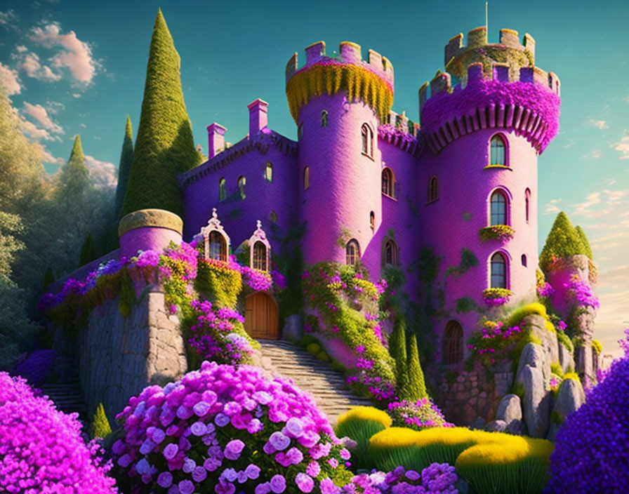 Fantasy castle with purple walls in lush greenery