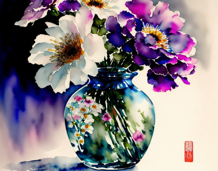 Colorful Watercolor Painting: White and Purple Flowers in Blue Vase