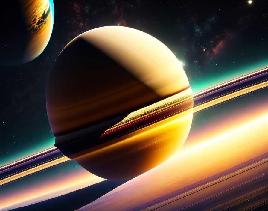 Saturn and Jupiter in glowing space scene