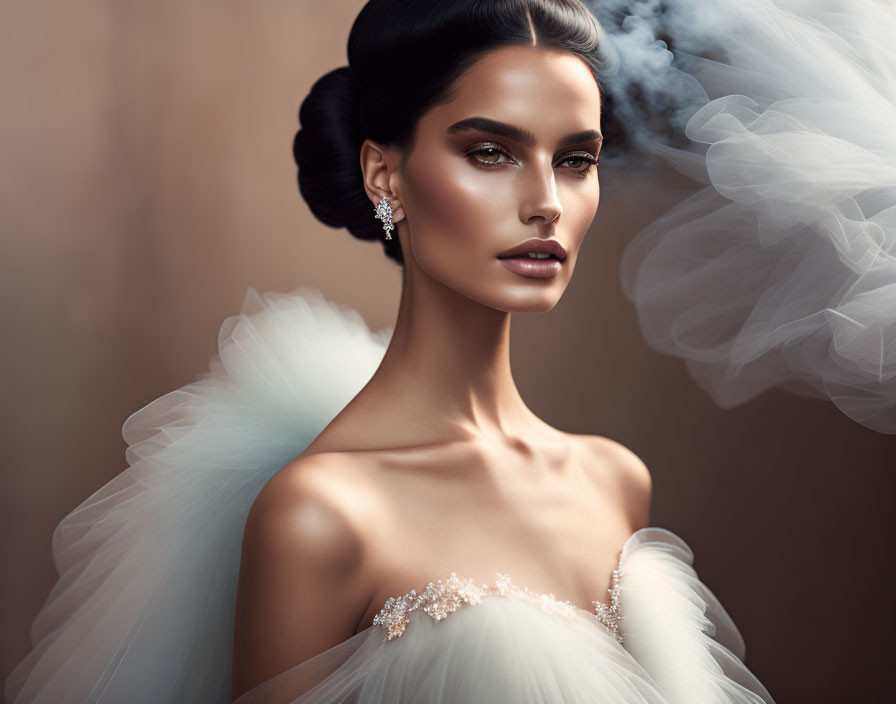 Woman with Elegant Makeup in Tulle Dress and Earring amid Swirling Smoke