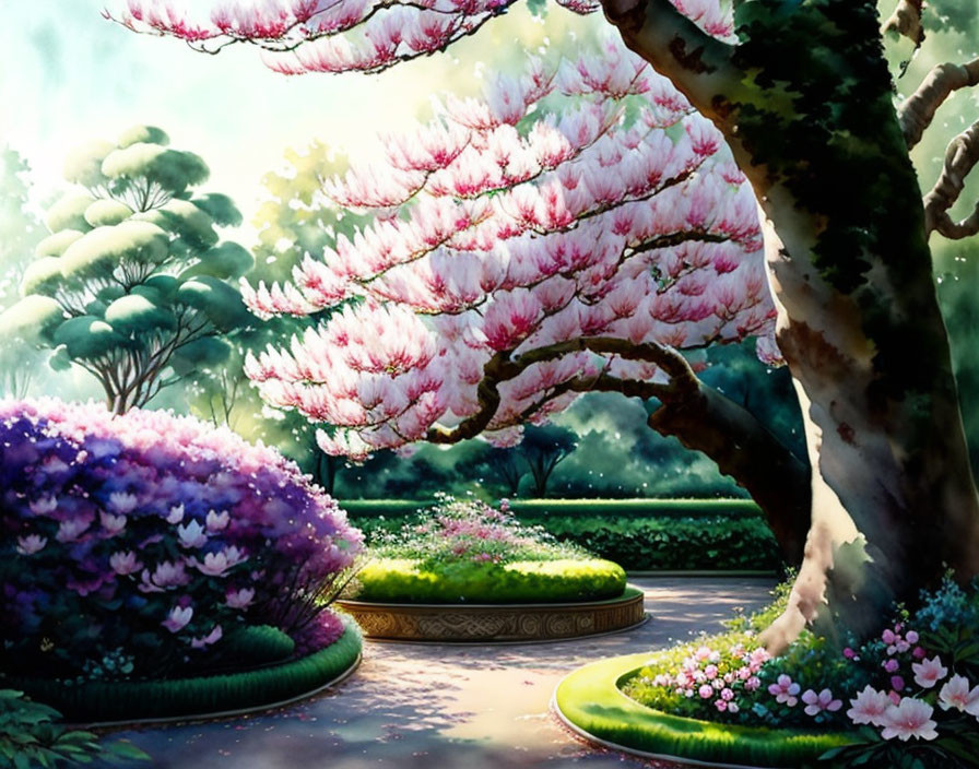 Vibrant Purple Sakura Trees in Bloom in Serene Park Setting