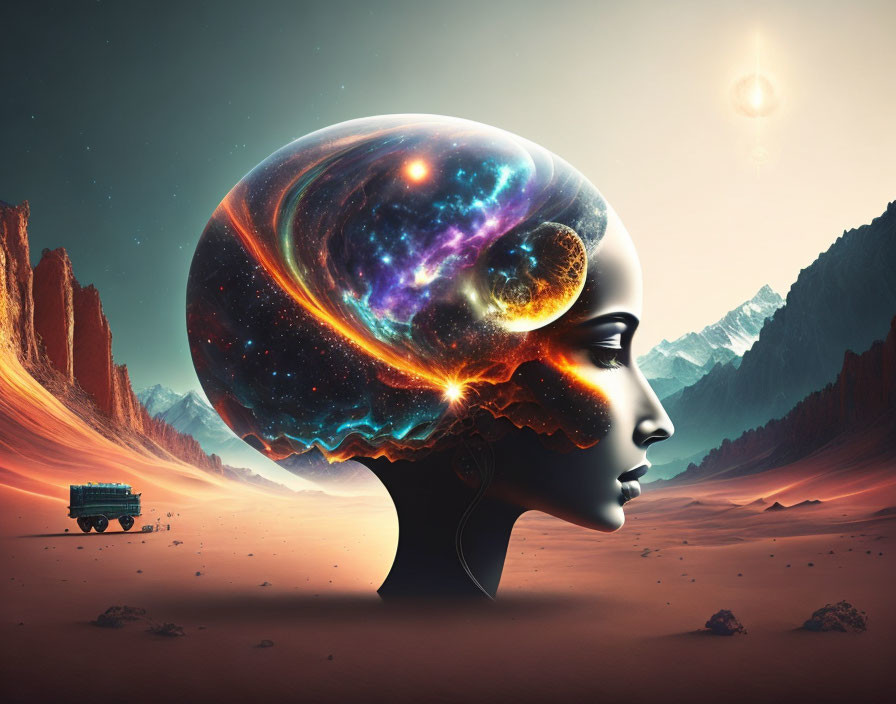 Surreal artwork: Woman's profile with galaxy brain in desert landscape