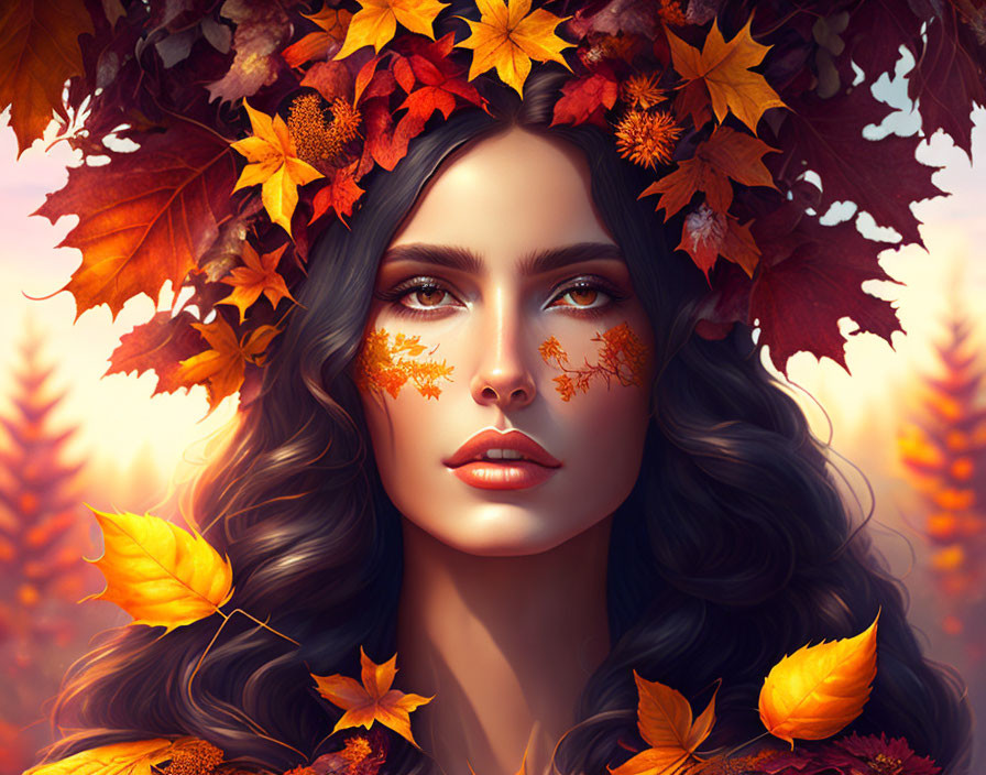 Digital Portrait of Woman with Autumn Leaves and Maple Leaf Tattoos