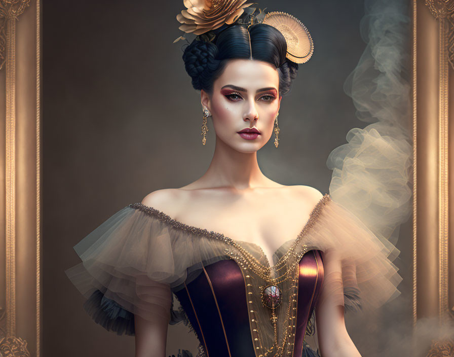 Stylized updo and lavish attire in classical frame