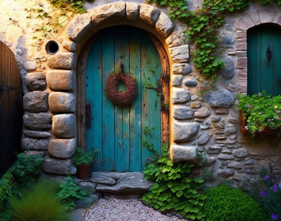 Rustic stone cottage with teal door and wreath in lush garden