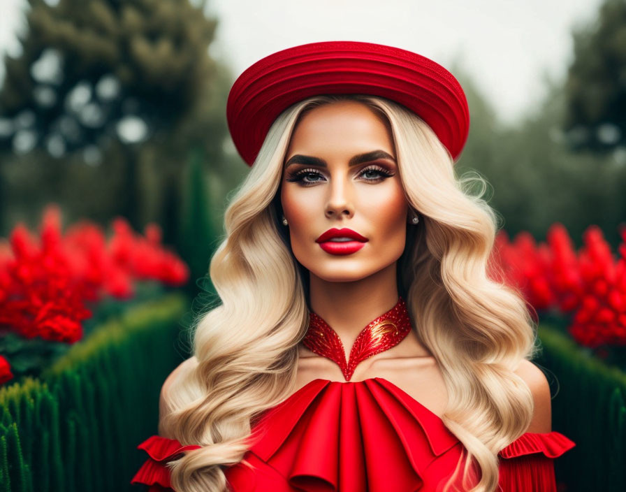 Woman in Vibrant Red Outfit and Hat Among Lush Greenery and Red Flowers