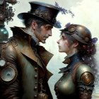 Man and woman in ornate steampunk attire against mechanical backdrop