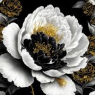 White and Golden Peonies on Dark Background with Gold Frame