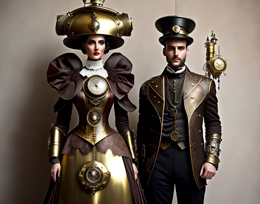 Elaborate Steampunk Attire with Victorian-Inspired Accents