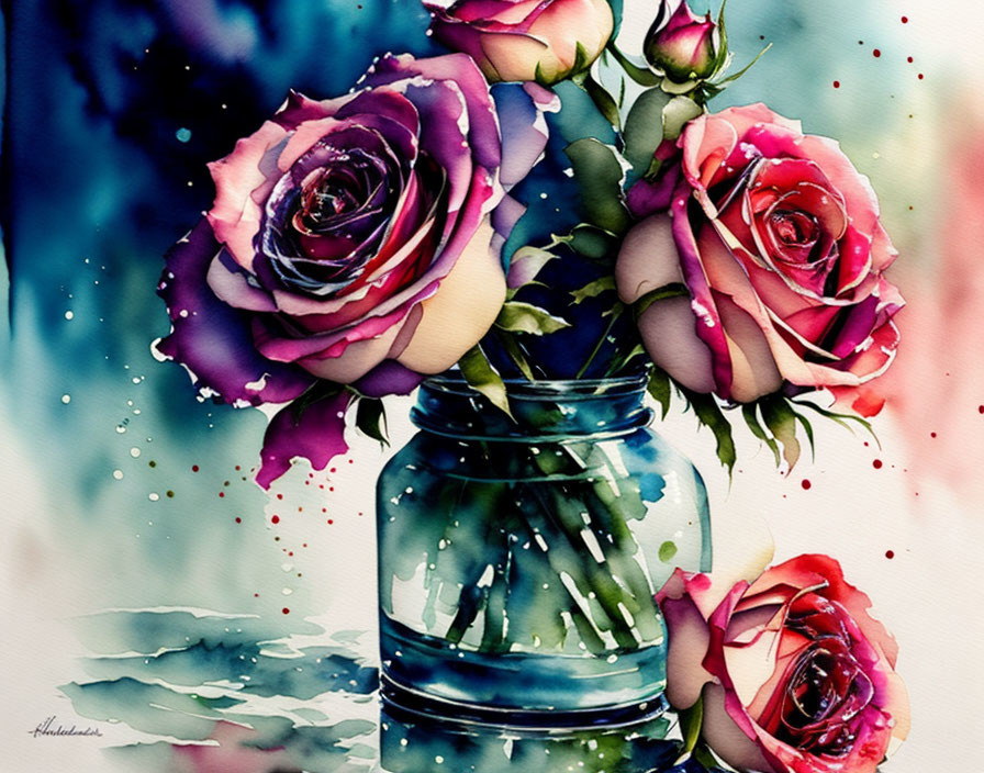 Multicolored roses in glass jar with water droplets on soft background