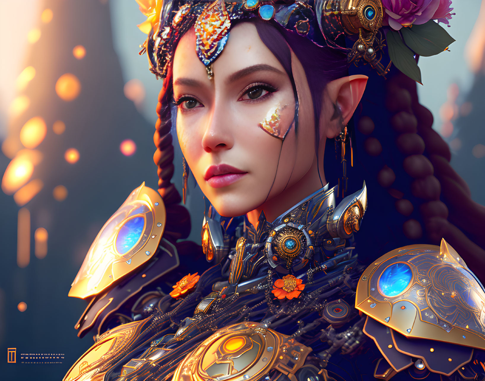 Fantasy digital artwork of woman in ornate armor and elf ears