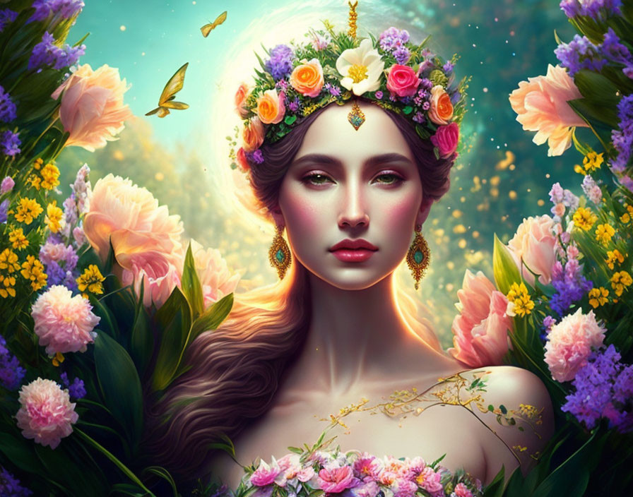 Illustrated woman with floral crown and butterflies in lush garden