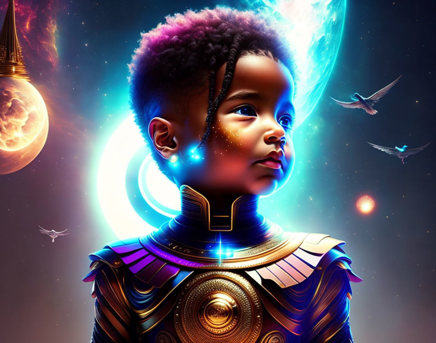 Child in futuristic attire with cosmic backdrop, planets, glowing effects, and ethereal birds