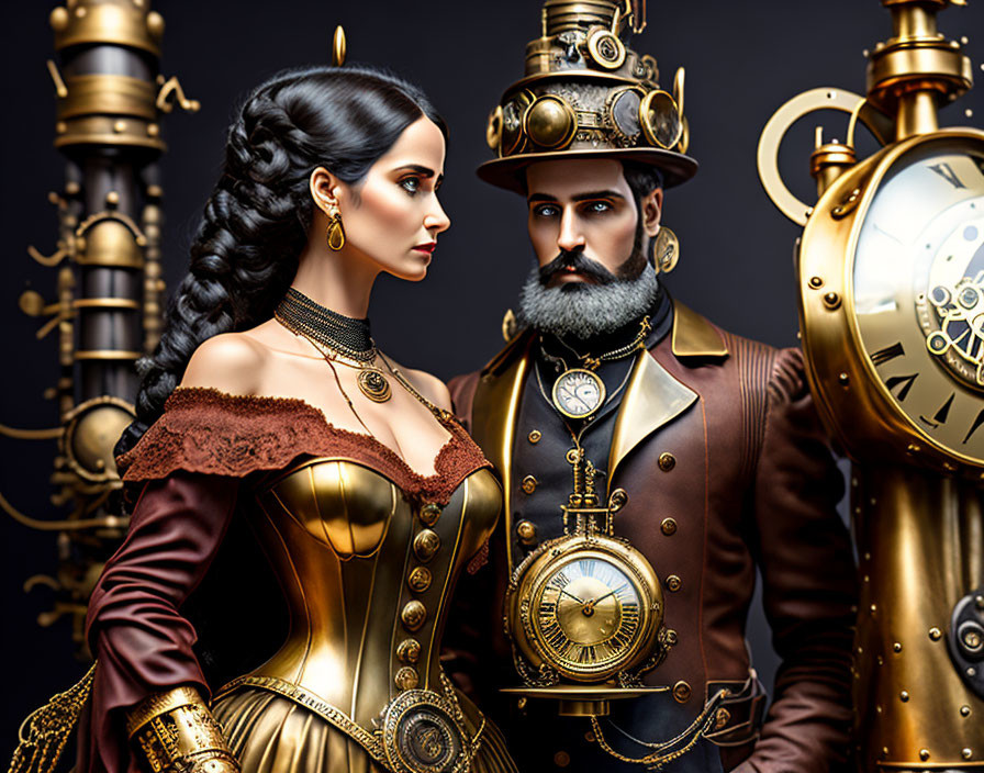 Steampunk Victorian couple in brass attire on clockwork backdrop